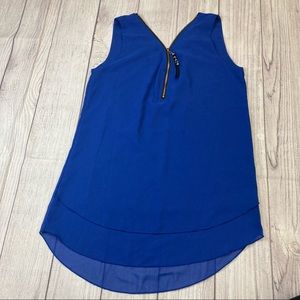 Blue Chiffon Zip Sleeveless Top